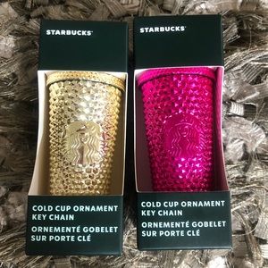 Starbucks Pink Sangria Gold Cold Cup Tumbler Studded Holiday Ornaments Bundle
